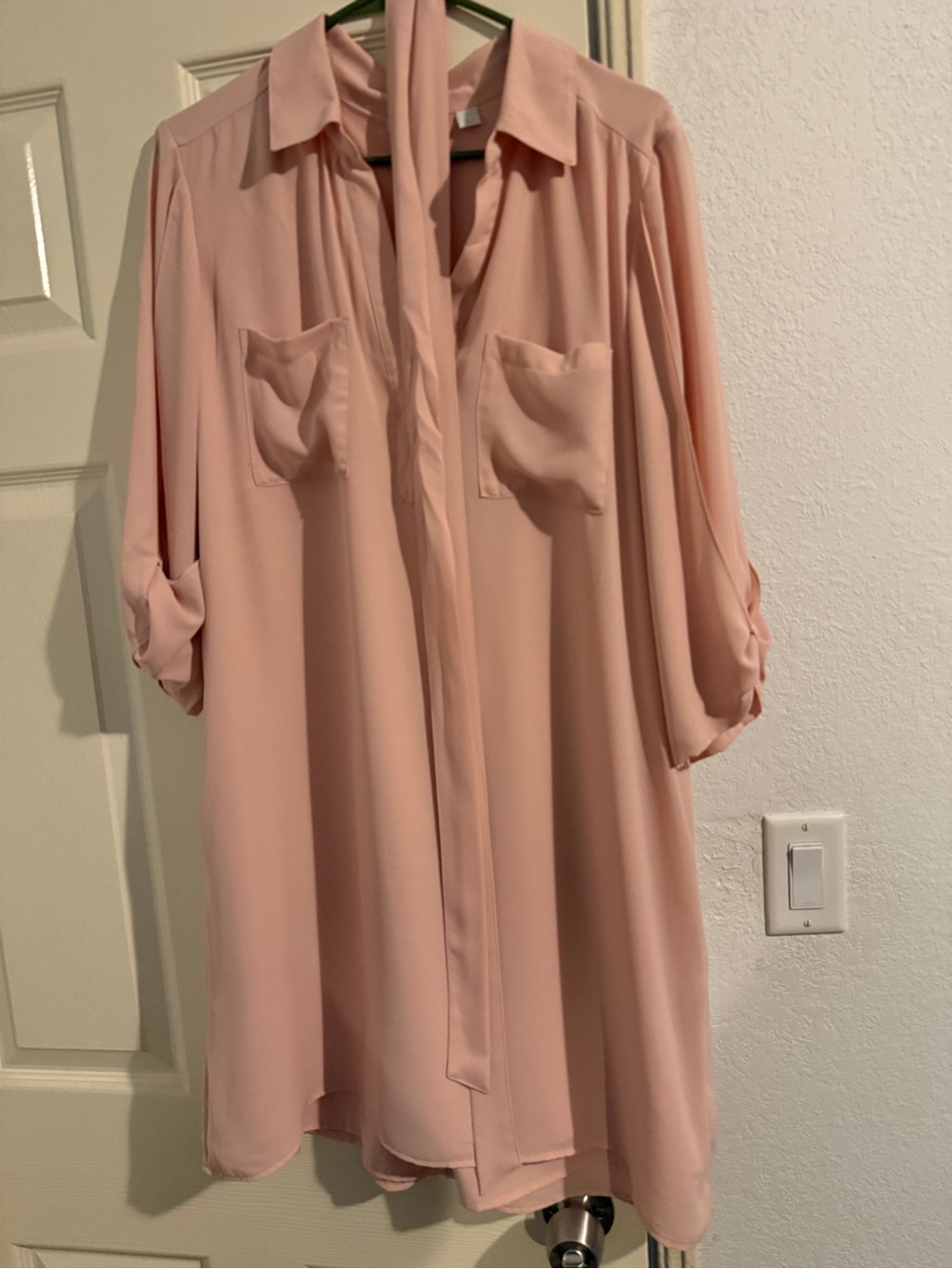New York & Company Blush Pink Tie-Neck Shirt Dress